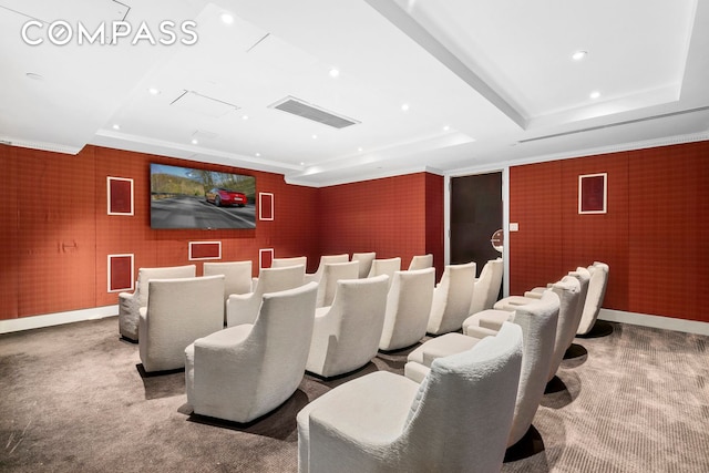 140 E 63rd St Unit 9B, New York City, NY 10065 - cinema with a tray ceiling, carpet flooring, baseboards, and recessed lighting