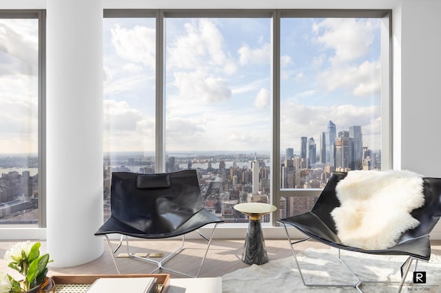 23 E 22nd St Unit 55, New York City, NY 10010 - living area with a skyline view and wood finished floors