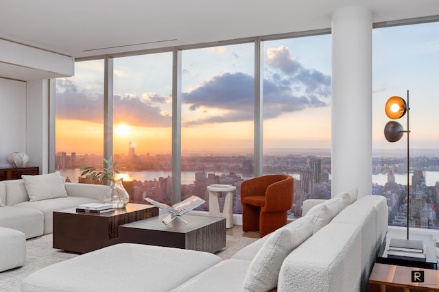 23 E 22nd St Unit 55, New York City, NY 10010 - living room featuring a city view, floor to ceiling windows, a water view, and healthy amount of natural light