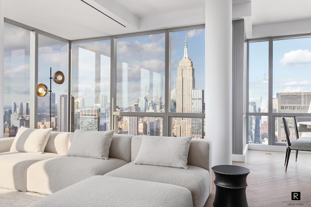 23 E 22nd St Unit 55, New York City, NY 10010 - living room featuring a skyline view, wood finished floors, and expansive windows