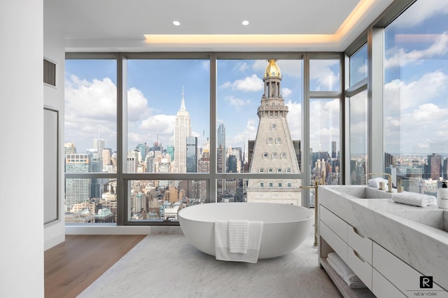 23 E 22nd St Unit 55, New York City, NY 10010 - bathroom with a skyline view, a wall of windows, a freestanding tub, vanity, and wood finished floors