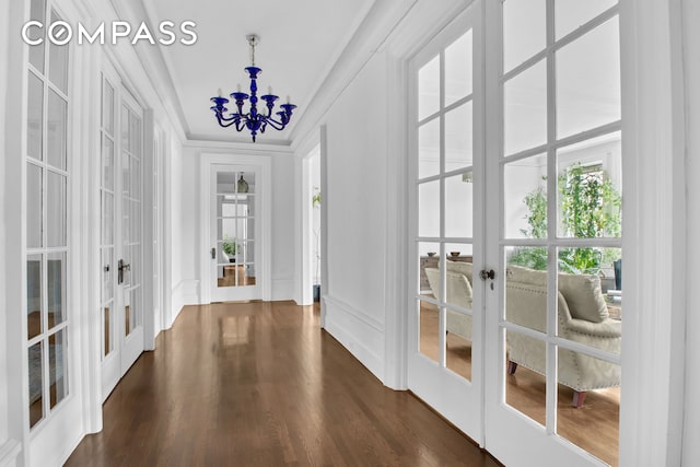 800 Riverside Dr Unit 2E, New York City, NY 10032 - entryway with french doors, dark wood finished floors, crown molding, and a chandelier
