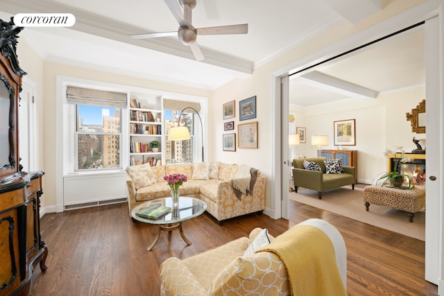 135 E 74th St Unit 11Bc, New York City, NY 10021 - living area featuring ceiling fan, ornamental molding, baseboards, dark wood-type flooring, and beam ceiling