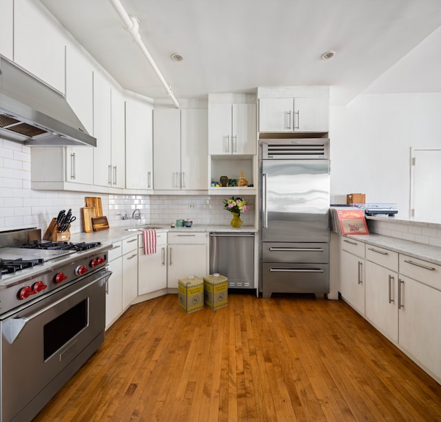 351 W Broadway Unit 4, New York City, NY 10013 - kitchen featuring premium appliances, exhaust hood, tasteful backsplash, and light wood-style flooring