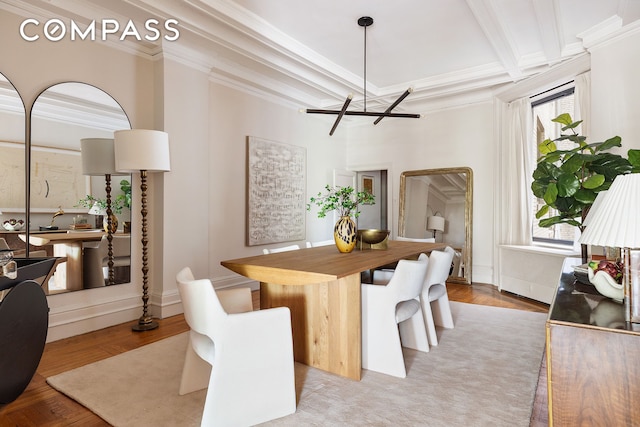 270 Riverside Dr Unit 2C, New York City, NY 10025 - dining area with beam ceiling, a chandelier, and ornamental molding
