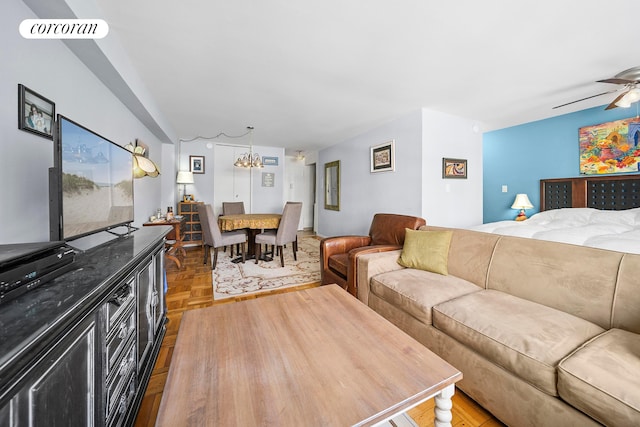 201 E 37th St Unit 4F, New York City, NY 10016 - living room with a chandelier and ceiling fan
