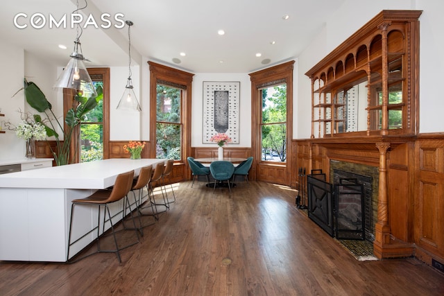 430 W 147th St, New York City, NY 10031 - dining area with dark wood-type flooring, wainscoting, a glass covered fireplace, and recessed lighting