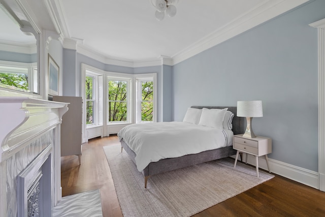 146 St Johns Place, New York City, NY 11217 - bedroom with multiple windows, wood finished floors, a fireplace with flush hearth, and ornamental molding