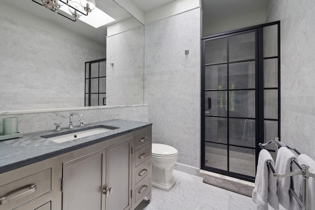 146 St Johns Place, New York City, NY 11217 - full bath with toilet, vanity, tile walls, a shower, and a skylight
