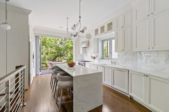 146 St Johns Place, New York City, NY 11217 - kitchen with a sink, tasteful backsplash, a kitchen island, dark wood-style floors, and white cabinets
