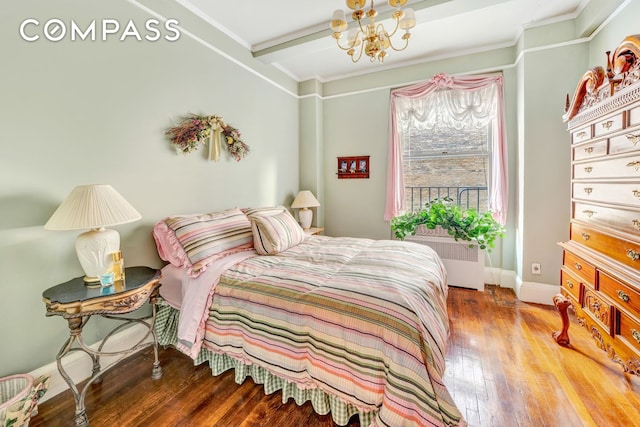 1060 Park Ave Unit 3Ab, New York City, NY 10128 - bedroom with hardwood / wood-style floors, radiator, a chandelier, beamed ceiling, and baseboards