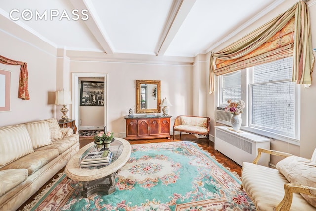 1060 Park Ave Unit 3Ab, New York City, NY 10128 - living room featuring radiator heating unit, beam ceiling, and crown molding