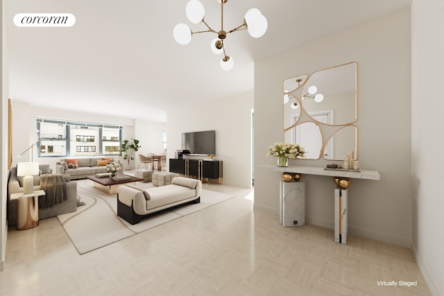 360 E 72nd St Unit C2003, New York City, NY 10021 - living area with a chandelier and baseboards