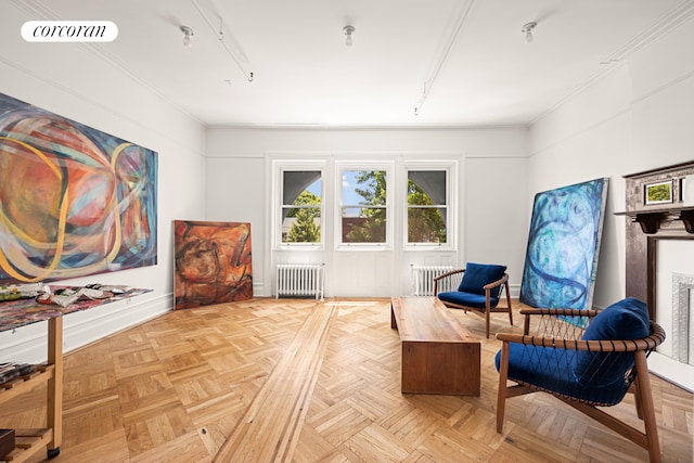 151 Herkimer St, New York City, NY 11216 - sitting room with radiator heating unit, crown molding, and baseboards