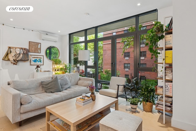 112 Fleet Pl Unit 2A, New York City, NY 11201 - living area with a wall mounted air conditioner, expansive windows, recessed lighting, and light wood-type flooring