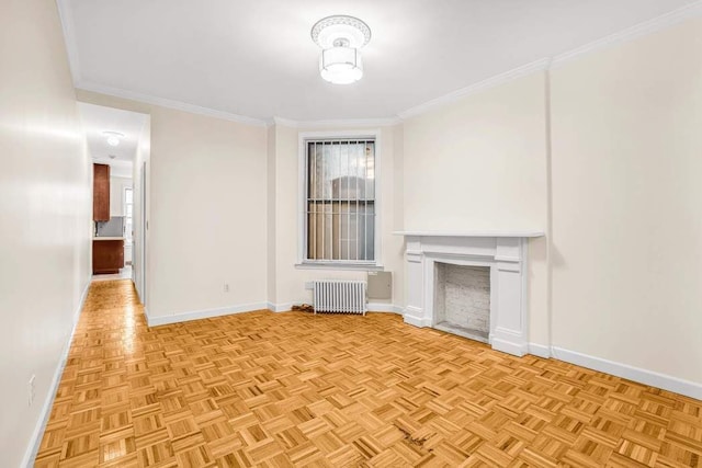 350 W 48th St Unit 1W, New York City, NY 10036 - unfurnished living room featuring radiator, baseboards, crown molding, and a fireplace
