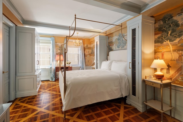 35 E 76th St Unit 415, New York City, NY 10021 - bedroom featuring a chandelier and crown molding