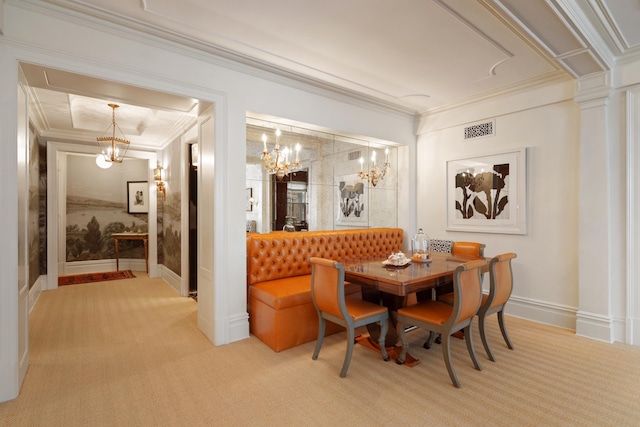 35 E 76th St Unit 415, New York City, NY 10021 - carpeted dining space featuring a chandelier, ornamental molding, and baseboards