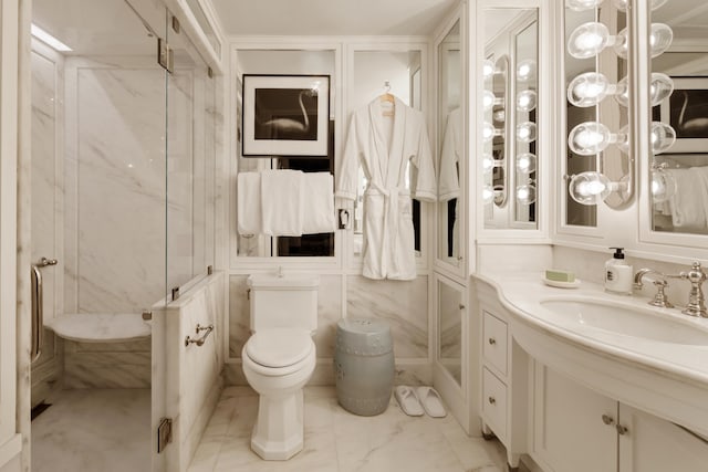 35 E 76th St Unit 415, New York City, NY 10021 - bathroom featuring vanity, a marble finish shower, toilet, and marble finish flooring