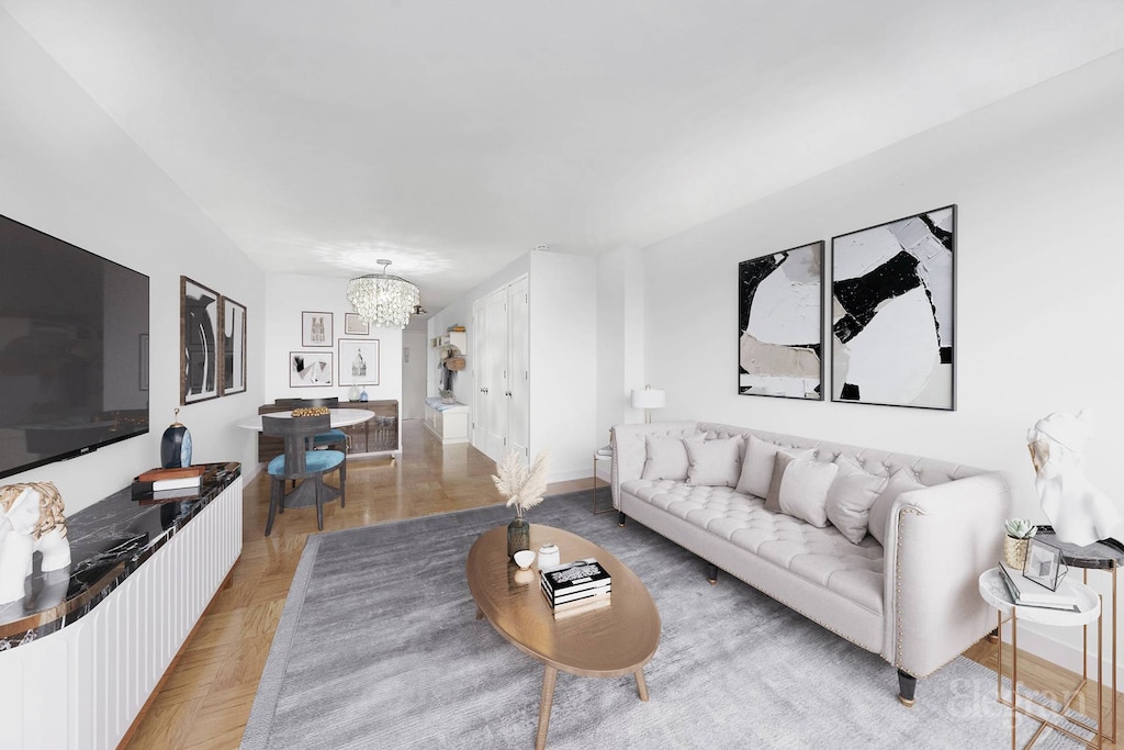 305 E 40th St Unit 10W, New York City, NY 10016 - living room featuring a chandelier