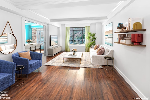 2 Beekman Pl Unit 5Ag, New York City, NY 10022 - living area with dark wood finished floors, beam ceiling, and crown molding
