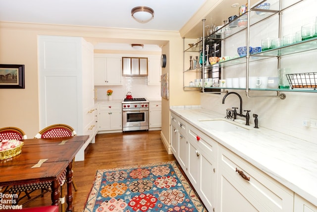 2 Beekman Pl Unit 5Ag, New York City, NY 10022 - bar area featuring luxury stove, wood finished floors, tasteful backsplash, and ornamental molding