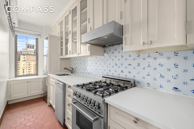 45 Christopher St Unit 12/14F, New York City, NY 10014 - kitchen with stainless steel gas stove, a sink, range hood, white dishwasher, and tasteful backsplash