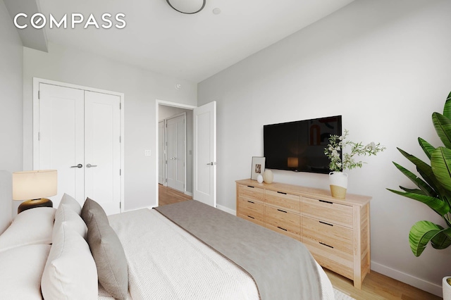195 Hawthorne St Unit 5E, New York City, NY 11225 - bedroom featuring baseboards, light wood-style flooring, and a closet