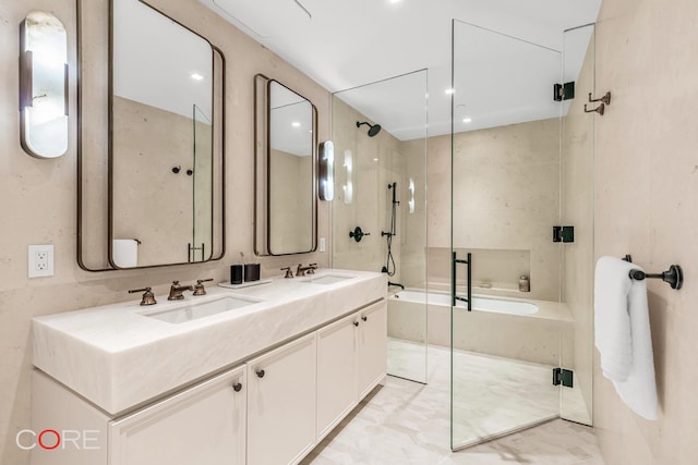 310 E 86th St Unit 14B, New York City, NY 10028 - full bathroom featuring a bath, double vanity, and a shower with door
