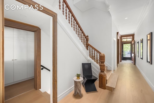 53 W 85th St, New York City, NY 10024 - foyer entrance featuring wood finished floors, stairway, recessed lighting, and baseboards