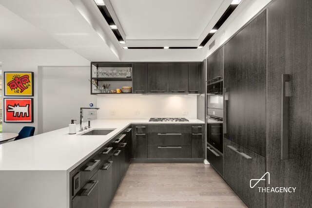 70 Charlton St Unit 4F, New York City, NY 10014 - kitchen with appliances with stainless steel finishes, light wood-style flooring, open shelves, light countertops, and a peninsula