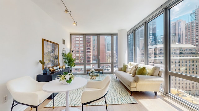310 W 52nd St Unit 17A, New York City, NY 10019 - living room featuring a city view, expansive windows, wood finished floors, and rail lighting