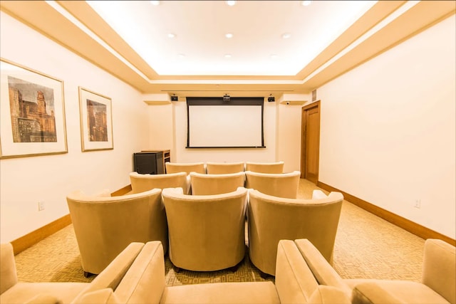 20 W St Unit 15H, New York City, NY 10004 - cinema featuring carpet flooring, a raised ceiling, and recessed lighting