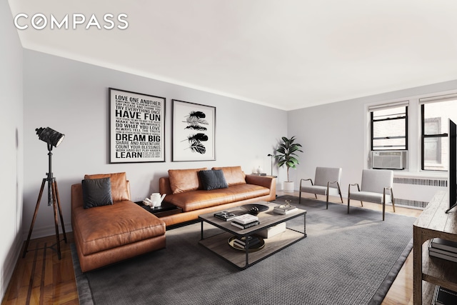 221 E 18th St Unit 5F, New York City, NY 11226 - living room featuring radiator heating unit, cooling unit, and wood finished floors