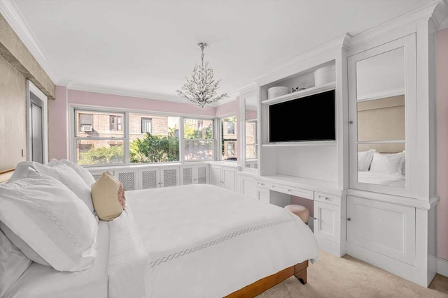 40 E 78th St Unit 6H, New York City, NY 10075 - bedroom featuring light carpet, a chandelier, and crown molding