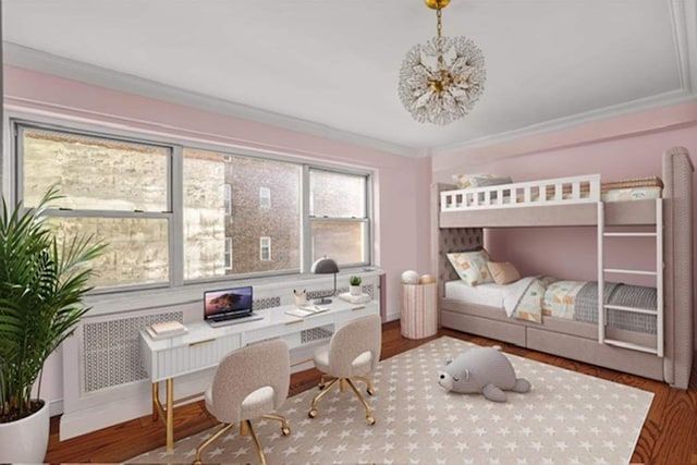 40 E 78th St Unit 6H, New York City, NY 10075 - bedroom with wood finished floors, an office area, crown molding, and a chandelier