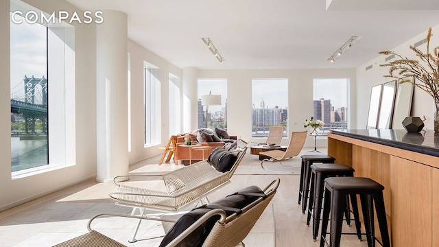 1 John St Unit 3B, New York City, NY 11201 - living area featuring healthy amount of natural light, light wood-style flooring, track lighting, and a view of city