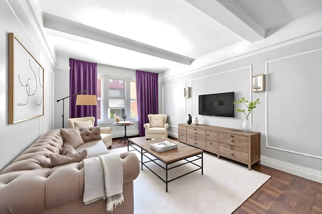 59 W 71st St Unit 4D, New York City, NY 10023 - living area featuring baseboards and beamed ceiling