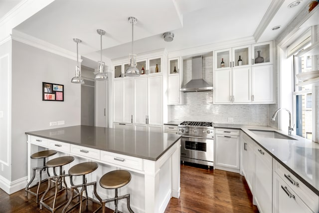 59 W 71st St Unit 4D, New York City, NY 10023 - kitchen featuring wall chimney range hood, premium stove, a sink, backsplash, and white cabinetry