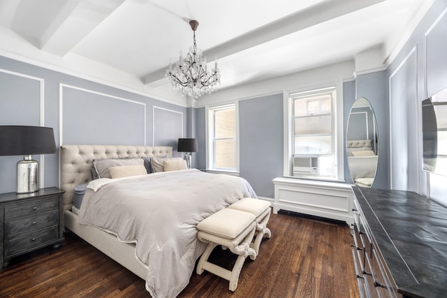 59 W 71st St Unit 4D, New York City, NY 10023 - bedroom featuring a decorative wall, a chandelier, dark wood finished floors, and beamed ceiling