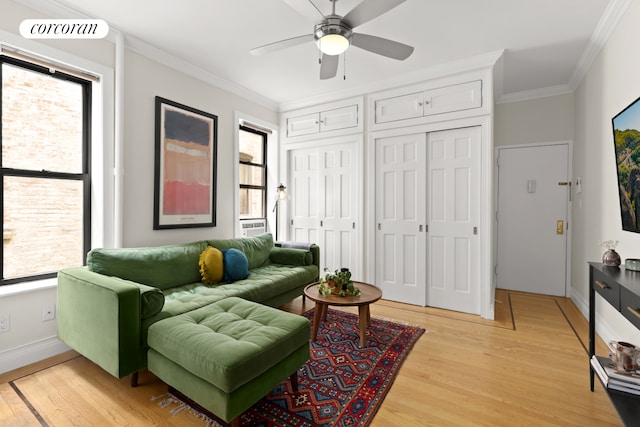 466 15th St Unit 11, New York City, NY 11215 - living room with crown molding, a ceiling fan, light wood-type flooring, and baseboards