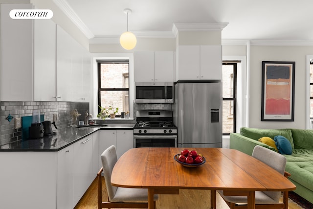 466 15th St Unit 11, New York City, NY 11215 - kitchen with stainless steel appliances, dark countertops, white cabinets, backsplash, and a sink