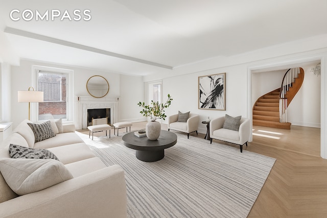 12 E 88th St Unit Ph11/12B, New York City, NY 10128 - living room with stairs and a high end fireplace