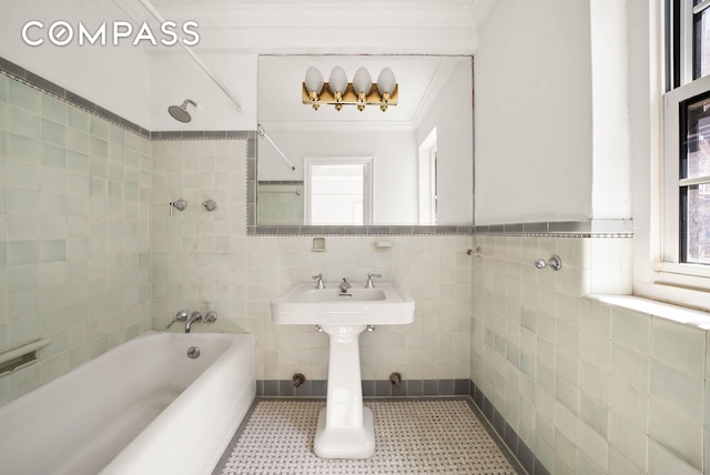 12 E 88th St Unit Ph11/12B, New York City, NY 10128 - full bath featuring tile walls, shower / tub combination, ornamental molding, tile patterned floors, and wainscoting