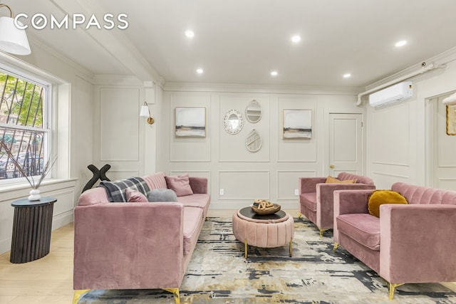 1050 Sterling Place, New York City, NY 11213 - living room featuring a decorative wall, a wall unit AC, crown molding, wood finished floors, and recessed lighting