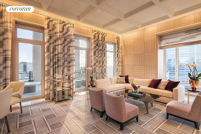 30 Park Pl Unit 60C, New York City, NY 10007 - living room with coffered ceiling, beam ceiling, and carpet