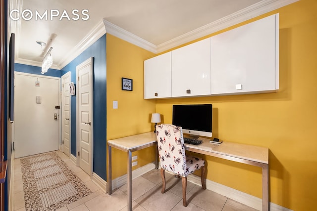 301 E 62nd St Unit 2K, New York City, NY 10065 - office featuring built in desk, crown molding, baseboards, and light tile patterned floors