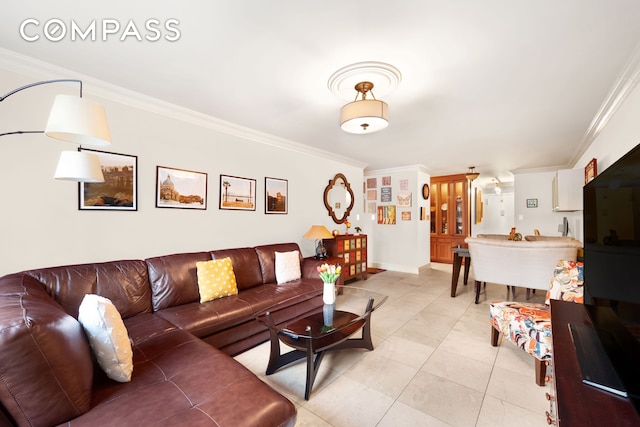 301 E 62nd St Unit 2K, New York City, NY 10065 - living area featuring crown molding, light tile patterned floors, and baseboards