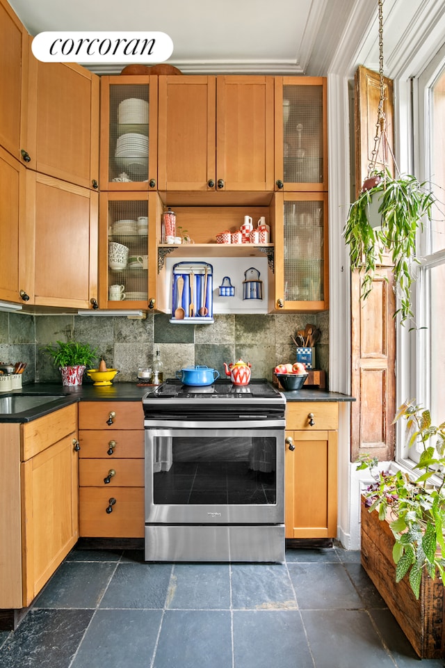 269 Clinton Ave Unit C1, New York City, NY 11205 - kitchen featuring stainless steel range, dark countertops, tasteful backsplash, glass insert cabinets, and ornamental molding