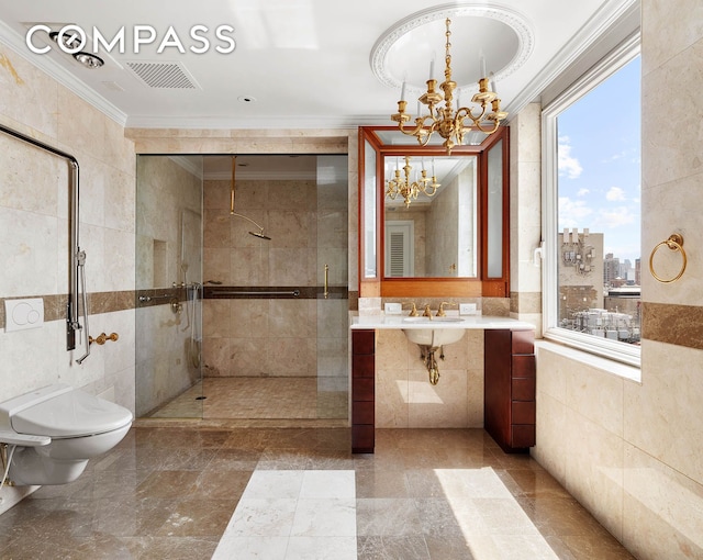 1049 5th Ave Unit Ph20, New York City, NY 10028 - bathroom with tile walls, ornamental molding, walk in shower, toilet, and a chandelier